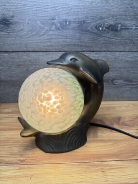 Vtg Art Deco Dolphin TV Lamp Figural Metal Bronze Tone Satin Glass Globe Light